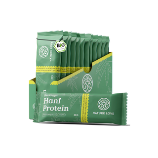 Eine Packung Bio-Riegel von Nature Love, beworben als bio und vegan, hebt das hochwertige Hanfprotein und die Dattelbasis für einen genussvollen Genuss hervor. Ein Riegel ist attraktiv vorne platziert, um seine natürliche Qualität hervorzuheben.