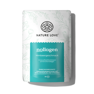 Der NOllagen® Pulverbeutel von Nature Love ist mit floralen Designs verziert und bietet einen Himbeergeschmack, eine vegane Kollagenalternative, Hyaluronsäure und Vitamin C.