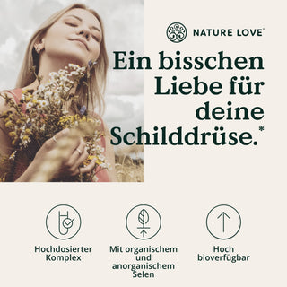 Eine Frau hält einen Strauß Selen Komplex Kapseln der Marke Nature Love in der Hand. Die Blumen repräsentieren die Schönheit der Natur sowie die Liebe zwischen Mensch und Umwelt.