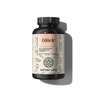 Eine 120-Kapseln-Flasche Nature Love Glück Kapseln mit beigefarbenem botanischem Etikett, mit B-Vitaminen und Rhodiola Rosea-Extrakt für natürliches Gleichgewicht.