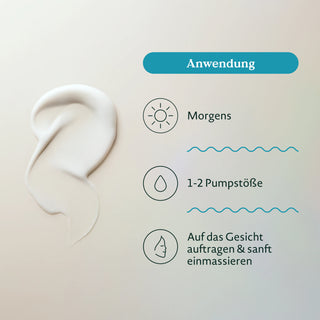 Abbildung zeigt die Nature Love Hyaluron Tagescreme mit Anwendungshinweisen in Deutsch: Morgens anwenden, 1–2 Pumpstöße des Produkts auftragen und sanft in das Gesicht einmassieren.