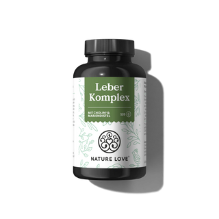 Eine schwarze Kunststoffflasche mit der Aufschrift "Leber Komplex Kapseln" von Nature Love in grünem und weißem Design enthält 120 vegane Kapseln mit Cholin und Silymarin (Mariendistel).