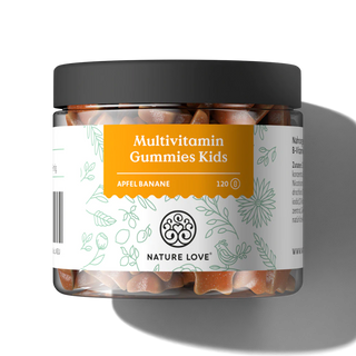 Nature Love Multivitamin Gummies Kids, Geschmacksrichtung Apfel-Banane, 120 vegane Gummis in einer Dose mit schwarzem Deckel und dekorativem Etikett - perfekt als Multivitamin für Kinder.