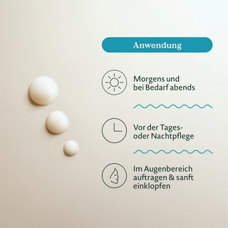 Gebrauchsanweisung in Deutsch: Nature Love Hyaluron Augencreme morgens und bei Bedarf abends auftragen. Vor der Tages- oder Nachtpflege verwenden. Sanft im Augenbereich auftragen und einklopfen.
