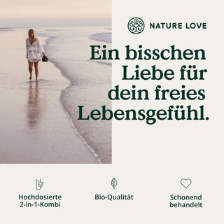 Eine Frau, die am Strand spaziert, die Schönheit der Natur umarmt und sich mit ihrer Liebe zum Leben verbindet, während sie die Bio Spirulina & Chlorella Tabletten von Nature Love einnimmt.