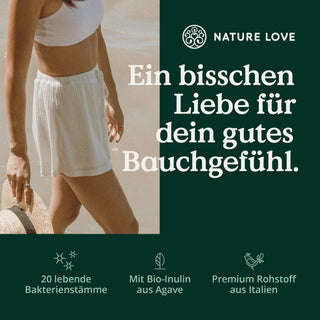 Eine Frau im weißen Bikini mit den Worten Probiona Plus Kulturen Komplex Kapseln und Darmflora von Nature Love.