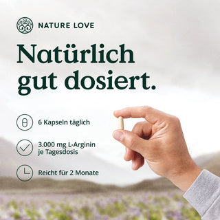 Nature Love ist eine Marke, die sich auf die Herstellung und den Vertrieb hochwertiger Nahrungsergänzungsmittel mit L-Arginin-Base-Kapseln, einer essentiellen Aminosäure, spezialisiert hat. Mit unseren fortschrittlichen Formulierungen zielen wir darauf ab