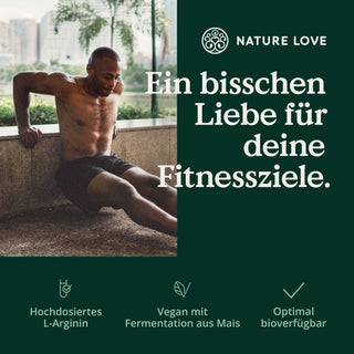 Ein Mann trainiert vor einem Gebäude mit der Aufschrift „Nature Love L-Arginin HCL Kapseln“.