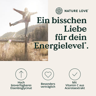 Eine Frau springt mit Nature Love Eisen & Vitamin C Tabletten in die Luft.