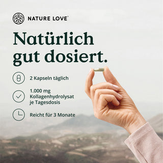 Eine Frau hält eine Tablette mit der Aufschrift „Nature Love“ in der Hand und präsentiert die Vorteile von Kollagen Komplex Kapseln für eine gesündere Haut.