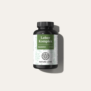 Eine Flasche Nature Love Leber Komplex Kapseln, die die Entgiftung und den Stoffwechsel der Leber unterstützt, auf weißem Hintergrund.