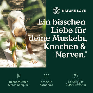Eine Frau in Yoga-Pose inmitten der Natur und wirbt für die Schlagworte: Nature Love's Magnesium Komplex Kapseln und Knochen.