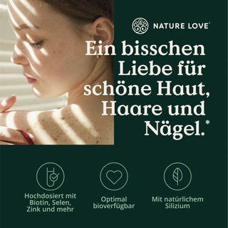 Das Gesicht einer Frau ist mit den Worten „Biotin Komplex Tabletten“ und „Nature Love“ geschmückt und unterstreicht die Schönheit natürlicher Elemente.