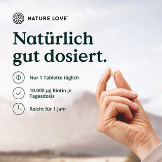 Nature Love Biotin Komplex Tabletten ist ein natürliches Nahrungsergänzungsmittel, das die Kraft von Zink und Biotin nutzt, um gesunde Haare und Nägel zu fördern. Mit dem Zusatznutzen von Silizium unterstützen Nature Love Biotin Komplex Tabletten insgesamt.