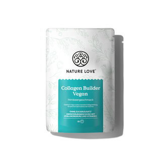 Ein weißer und blaugrüner Beutel mit der Aufschrift "Collagen Builder Vegan Pulver" von Nature Love, Himbeergeschmack, mit botanischer Linienkunst, deutscher Info und Hervorhebung der pflanzlichen Hyaluronsäure als vegane Collagen-Alternative für Haut und Bindegewebe.