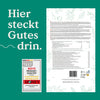 Verpackung mit deutschem Text, Auszeichnungsetiketten und Informationen zum Premium Collagenpulver mit Hyaluron und Elastin auf grünem Blatthintergrund von Nature Love.