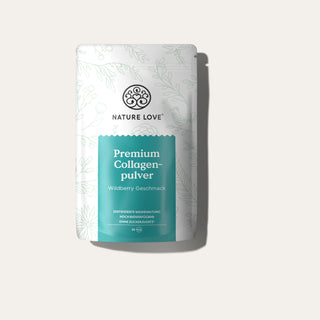 Behälter mit Nature Love Premium Collagenpulver-Pulver mit Waldbeergeschmack auf weißem Hintergrund.