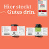 Zwei Nature Love Eisen - Family-Set Flaschen sind auf einem orangefarbenen Hintergrund mit Produktetiketten und einer Qualitätsauszeichnungsplakette abgebildet. Der deutsche Text lautet: "Hier steckt Gutes drin.