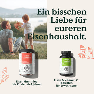 Ein Mann reicht einem Kind im Freien einen Apfel. Nachfolgend finden Sie die Eisen - Family-Set Produkte von Nature Love für Kinder und Erwachsene, mit deutschen Beschreibungen.