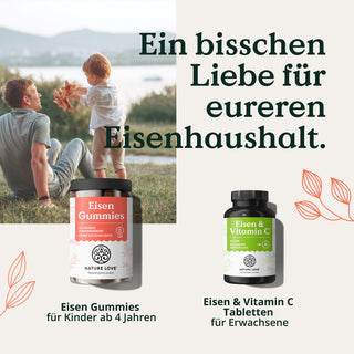 Ein Mann bietet einem Mädchen im Freien einen Apfel an. Im Vordergrund ist das „Eisen – Family-Set“ von Nature Love für Kinder und Erwachsene zu sehen. Darüber ist ein deutscher Text zu lesen.