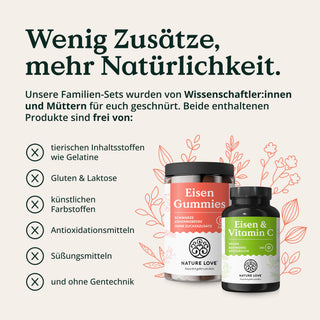 Zwei „Nature Love Eisen“-Flaschen im Familienset, die als frei von tierischen Inhaltsstoffen, Gluten, Laktose, künstlichen Farbstoffen, Antioxidantien, Süßungsmitteln und GVO gekennzeichnet sind.