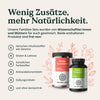 Abgebildet sind zwei Flaschen Nature Love Eisen - Family-Set Nahrungsergänzungsmittel mit dem Hinweis, dass sie frei von Gelatine, Gluten, Laktose, künstlichen Farbstoffen, Antioxidantien, Süßstoffen und GVO sind.