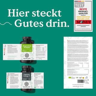 Werbung für das Nahrungsergänzungsmittel „Nature Love Vegan-und-Fit-Set“. Gezeigt werden Verpackungen und Etiketten mit deutschem Text auf grünem Hintergrund.