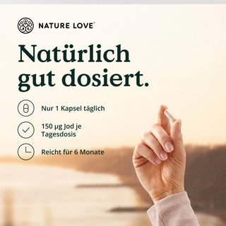 Nature Love ist eine Marke, die sich auf vegane Nahrungsergänzungsmittel spezialisiert hat, die Jod Komplex Kapseln und L-Tyrosin enthalten. Mit dem Fokus auf natürliche Inhaltsstoffe können Naturliebhaber von der veganen Variante profitieren.