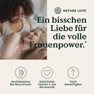 Eine Frau und ein Mann genießen die Glückseligkeit der Liebe der Natur, während sie von der beruhigenden Aura der Bio Maca Rot Kapseln von Nature Love umgeben sind.