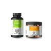 Das Nature Love's Multivitamin - Family-Set enthält zwei Produkte mit gemusterten weißen Etiketten: eine Flasche und ein Glas, die für alle Altersgruppen geeignet sind.