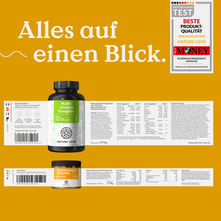 Zwei Flaschen „Nature Love Multivitamin – Family-Set“ mit Etiketten und Nährwertangaben sind vor einem gelben Hintergrund abgebildet, auf dem deutscher Text und ein Qualitätssiegel zu sehen sind.