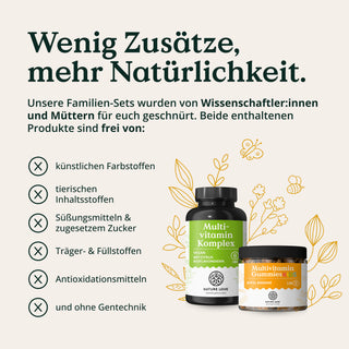 Neben zwei Flaschen „Nature Love Multivitamin – Family-Set“ ist eine Liste zu sehen, aus der hervorgeht, dass sie frei von künstlichen Farbstoffen und zugesetztem Zucker sind. Der Text darüber hebt die Natürlichkeit und den minimalen Zusatzstoffgehalt hervor.