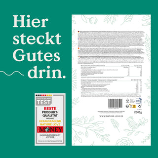 Produktverpackung mit deutschem Text, Hinweis auf hochwertigen Inhalt und mehreren Gütesiegeln, darunter ein NOllagen® Pulver von Nature Love, eine vegane Kollagen-Alternative.
