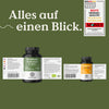 Nature Love Probiona – Flaschen des Familien-Sets mit Etiketten auf grünem Hintergrund. Text: „Alles auf einen Blick.“ sowie ein Auszeichnungsabzeichen.