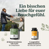 Draußen geben sich zwei Frauen ein High-Five, während unten zwei Flaschen „Nature Love Probiona – Familienset“ für Erwachsene und Kinder zu sehen sind, begleitet von einem deutschen Text zum Thema Darmgesundheit.