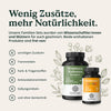 Auf einem hellen Hintergrund sind zwei Nahrungsergänzungsmittelflaschen mit der Aufschrift „Probiona – Family-Set“ von Nature Love zu sehen, neben den Produktmerkmalen und einer Liste der Inhaltsstoffe, die nicht enthalten sind.