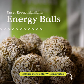 Eine Tüte Nature Love Bio Vegan Protein Pulver Energiebällchen für den Muskelaufbau mit dem Text „userreceptlight Energy Balls“.