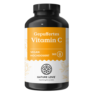 Schwarze Flasche mit einem gelb-weißen Etikett mit der Aufschrift „Gepuffertes Vitamin C Kapseln“ von Nature Love, verziert mit Pflanzen- und Vogelillustrationen.