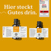 Zwei Flaschen des Nahrungsergänzungsmittels Nature Love Vitamin D3/K2 - Family Set sind vor einem gelben Hintergrund mit deutschem Text und einer Qualitätsauszeichnungsplakette abgebildet.