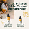 Eine Frau in einem beigen Mantel und mit einem Hut geht mit einem Kind in einer gelben Jacke spazieren. Darunter sind zwei Flaschen „Nature Love Vitamin D3 & K2 – Family-Set“ mit Produktbeschreibungen abgebildet.