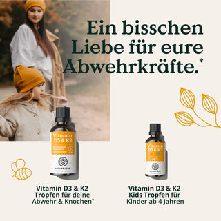 Eine Frau in einem beigen Mantel und mit einem Hut geht mit einem Kind in einer gelben Jacke spazieren. Darunter sind zwei Flaschen „Nature Love Vitamin D3 & K2 – Family-Set“ mit Produktbeschreibungen abgebildet.