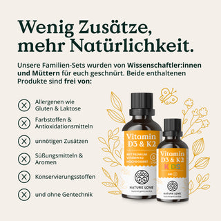 Abgebildet sind zwei Flaschen „Nature Love Vitamin D3 & K2 – Familienpackung“ mit der Angabe, dass sie frei von Gluten, Laktose, Zusatzstoffen, Süßungsmitteln, Konservierungsstoffen und Gentechnik sind.