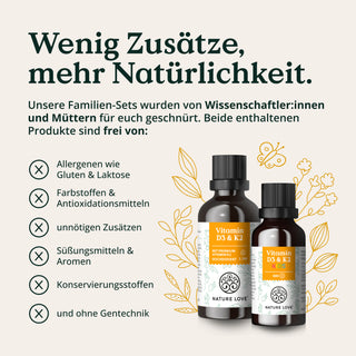 Zwei Flaschen Nature Love Vitamin D3/K2 - Family Set sind mit einer Liste abgebildet, die hervorhebt, dass die Produkte frei von Allergenen, Zusatzstoffen, Süßstoffen, Konservierungsmitteln und GVO sind.