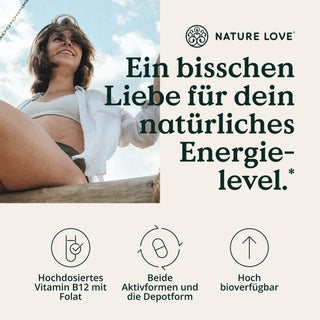 Eine Frau im Bikini, die ein hohes Energieniveau und eine Liebe zur Natur ausstrahlt. Love Vitamin B12 500 µg mit Folat Tabletten.
