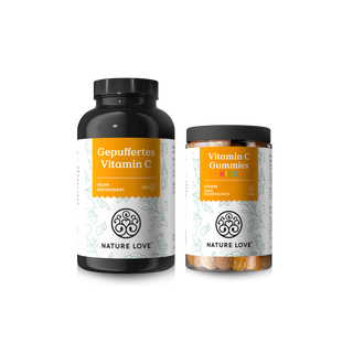 Das Nature Love "Vitamin C - Family-Set" besteht aus zwei Flaschen mit weißer und oranger Verpackung, darunter "Gepuffertes Vitamin C" und "Vitamin C Gummies Kids".