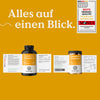 Zwei Flaschen „Nature Love Vitamin C – Family-Set“ mit Etiketten, die auf gelbem Hintergrund zu sehen sind. Oben rechts sind der Schriftzug „Alles auf einen Blick“ auf Deutsch und ein Qualitätssiegel abgebildet.