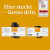 Zwei Flaschen Nature Love Vitamin C - Family-Set sind auf gelbem Hintergrund abgebildet, mit deutschem Text und einer Qualitätsauszeichnungsplakette in der oberen rechten Ecke.