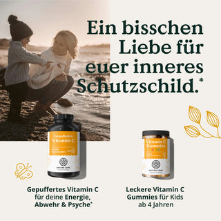 Ein Kind und ein Erwachsener mit „Nature Love Vitamin C“ – Nahrungsergänzungsmittel im Familien-Set für beide; der deutsche Text hebt die Unterstützung des inneren Schutzschildes hervor.