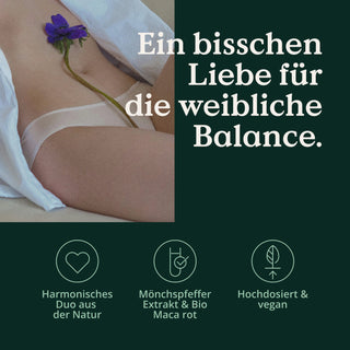 Bild mit einer Nahaufnahme eines Frauenschenkels mit einer lila Blume, gepaart mit einem deutschen Text über das Frauenbalance-Set von Nature Love.