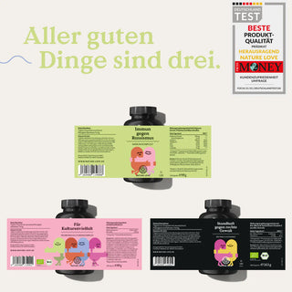 Produktcollage mit mehreren Ansichten der Nahrungsergänzungsmittelverpackung „Immun gegen Hass. Das Set“ von Nature Love mit deutschem Text, gesundheitsbezogenen Grafiken und Menschlichkeit.